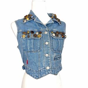 Jonjou Beyond Vintage Denim Vest Womens Medium Blue Buttons Embellished Studded